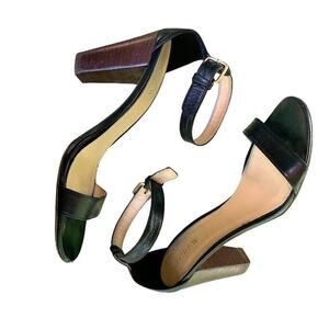 J. Crew Black Leather Ankle Wrap Chunky High Heel Sandal Size 8